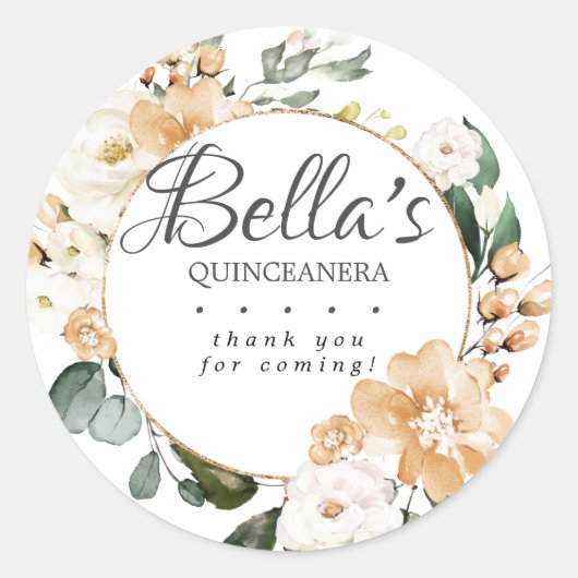 Gold White Rose Floral Quinceanera Hartelijk dank Ronde Sticker (Voorkant)