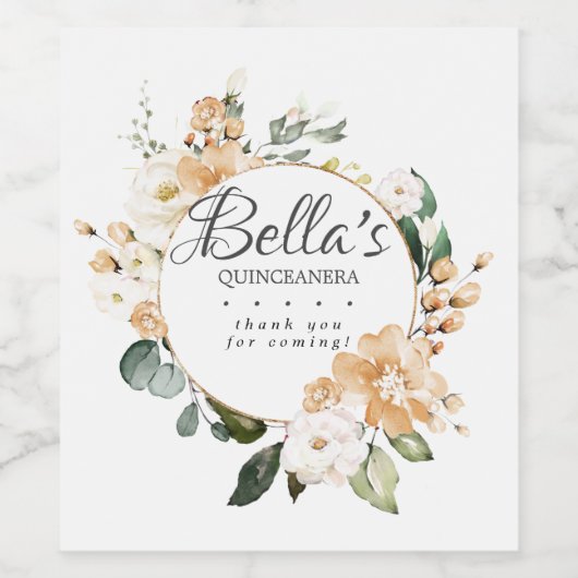 Gold White Rose Floral Quinceanera Wijn Etiket (Enkel label)