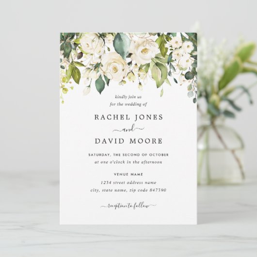 Gold White Rose Wedding Kaart (Staand voorkant)