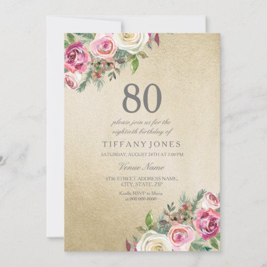 Gold White Roses Womans 80th Birthday Party Invite Kaart (Voorkant)