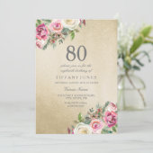 Gold White Roses Womans 80th Birthday Party Invite Kaart (Staand voorkant)