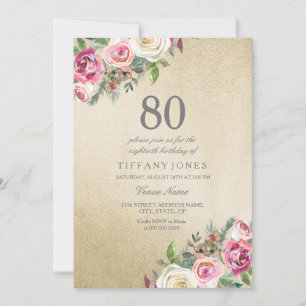 Gold White Roses Womans 80th Birthday Party Invite Kaart
