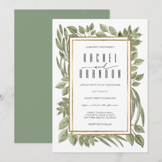 Gold White Sage Green Greenery Waterverf bruiloft Kaart (Voorkant / Achterkant)