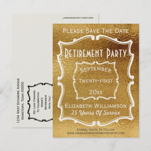 Gold White Save the Date Pensioenfeest Aankondigingskaart (Voorkant / Achterkant)