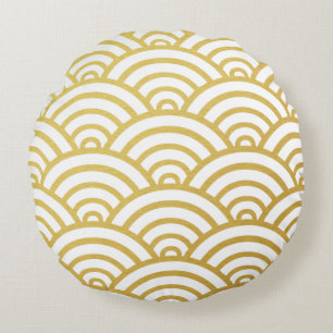 Gold & White Scallop Pattern Round Pillow Rond Kussen