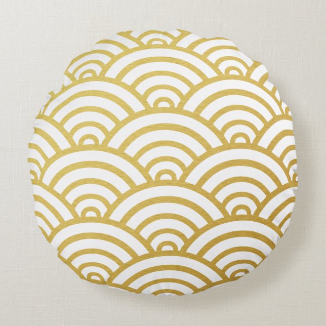Gold & White Scallop Pattern Round Pillow Rond Kussen (Voorkant)