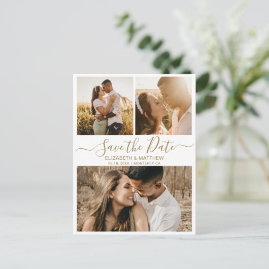 Gold White Script Collage Wedding Save the Date Aankondigingskaart (Staand voorkant)