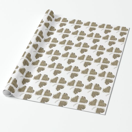 Gold White Shamrock Clover Pattern Ierland Cadeaupapier (Uitgerold)