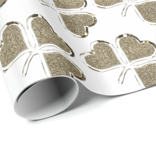 Gold White Shamrock Clover Pattern Ierland Cadeaupapier (Rol Hoek)
