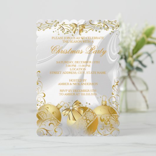 Gold White Silk Bow Bauble kerstparty Kaart (Staand voorkant)
