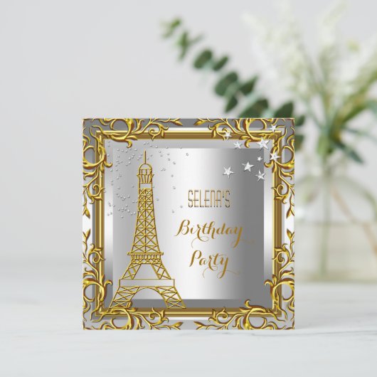 Gold White Silver Eiffel Tower - geboortedag Kaart (Staand voorkant)