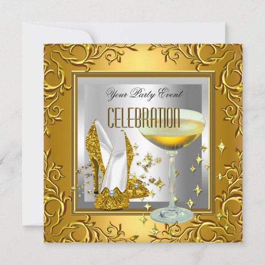 Gold White Silver High Hiel Shoes Champagne Kaart (Voorkant)