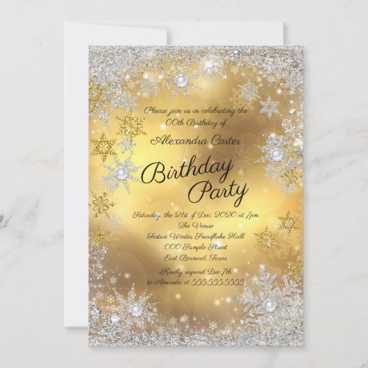 Gold White Silver Snowflake Birthday Party Kaart (Voorkant)