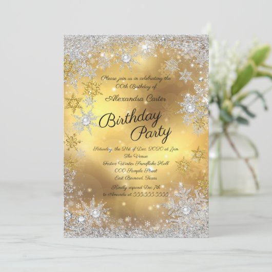 Gold White Silver Snowflake Birthday Party Kaart (Staand voorkant)