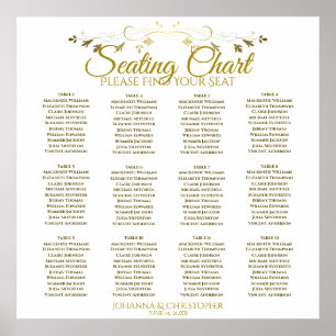 Gold & White Simple 12 Table Wedding Seating Chart Poster