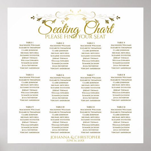 Gold & White Simple 12 Table Wedding Seating Chart Poster (Voorkant)