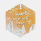 Gold White Snow House Gelukkig Nieuwjaar Glas Ornament (Achterkant)