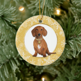 Gold White Snowflake Border Red Dachshund Keramisch Ornament