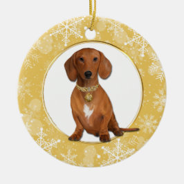 Gold White Snowflake Border Red Dachshund Keramisch Ornament