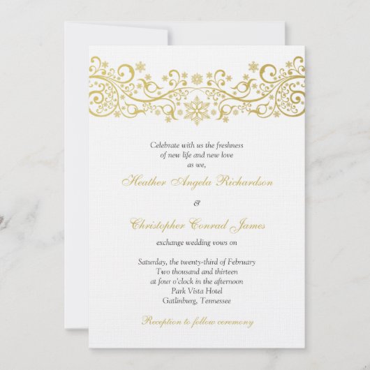 Gold White Snowflake Floral Wedding Invitation Kaart (Voorkant)