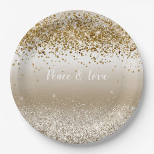 Gold White Sparkle Glitter Peace Love Papieren Bordje