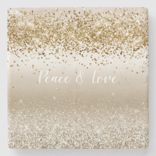 Gold White Sparkle Glitter Peace Love              Stenen Onderzetter (Voorkant)