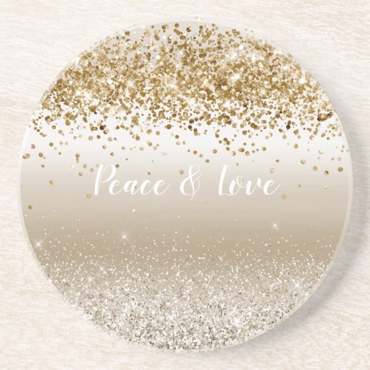 Gold White Sparkle Glitter Peace Love Zandsteen Onderzetter (Voorkant)