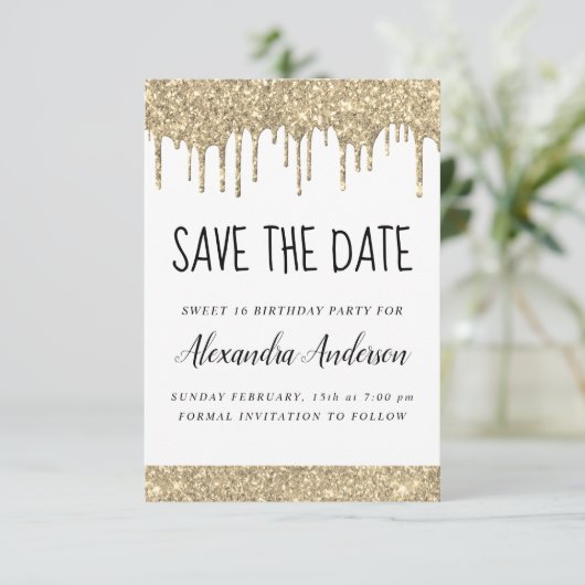 Gold White Sparkle Glitter Sweet 16 Bewaar de datu Kaart (Staand voorkant)