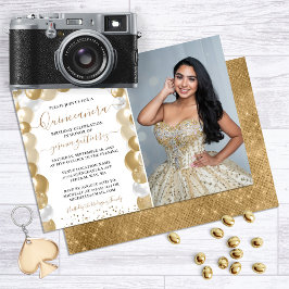 Gold White Sparkle Photo Quinceañera-ballon Kaart