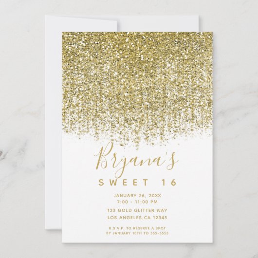 Gold & White Sparkly Glitter Sweet 16 Party Kaart (Voorkant)