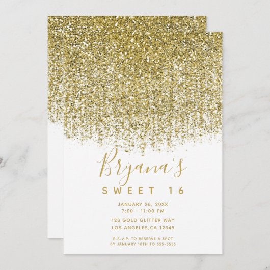 Gold & White Sparkly Glitter Sweet 16 Party Kaart (Voorkant / Achterkant)