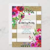 Gold & White Stripes Bold Floral Birthday Party Kaart (Voorkant)