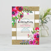 Gold & White Stripes Bold Floral Birthday Party Kaart (Staand voorkant)