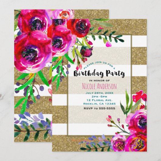 Gold & White Stripes Bold Floral Birthday Party Kaart (Voorkant / Achterkant)