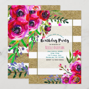 Gold & White Stripes Bold Floral Birthday Party Kaart