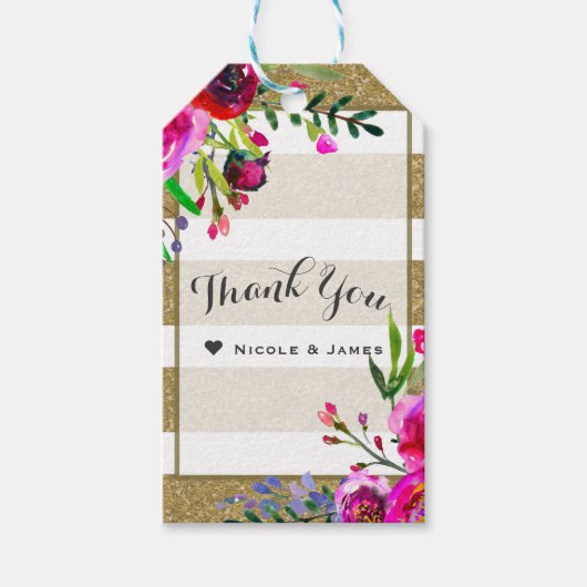 Gold White Stripes Bold Glam Floral Chic Favor Cadeaulabel (Voorkant)