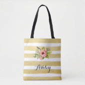 Gold White Stripes Waterverf Flower Monogram Tote Bag (Voorkant)