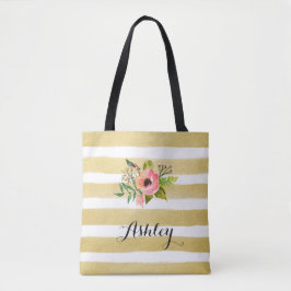 Gold White Stripes Waterverf Flower Monogram Tote Bag