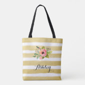 Gold White Stripes Waterverf Flower Monogram Tote Bag (Achterkant)