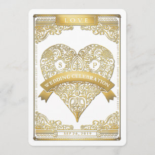 Gold White Vegas Play Card Heart Wedding Invite Kaart