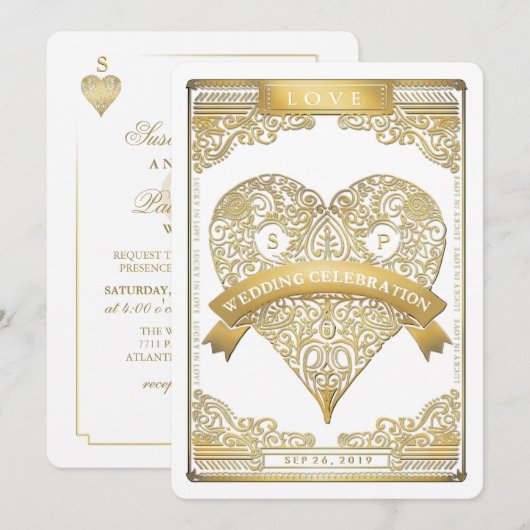Gold White Vegas Spelen Kaart Hart Wedding Uitnodi (Voorkant / Achterkant)