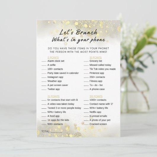 Gold White Wat zit er in je telefoon Brunch Party Kaart (Staand voorkant)