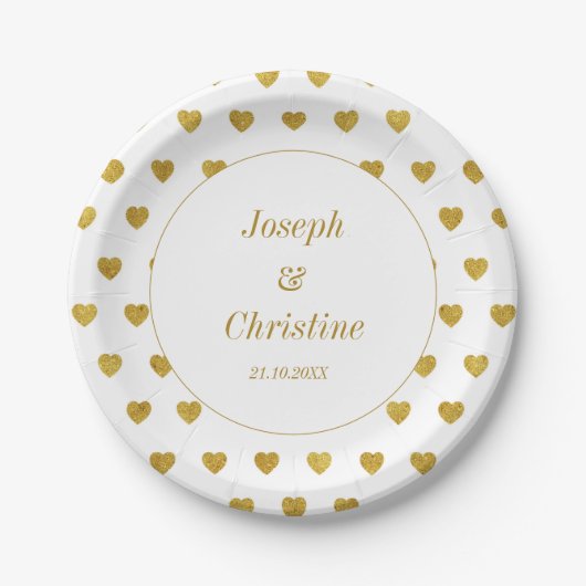 Gold White Wedding Hearts Pattern Bord (Voorkant)