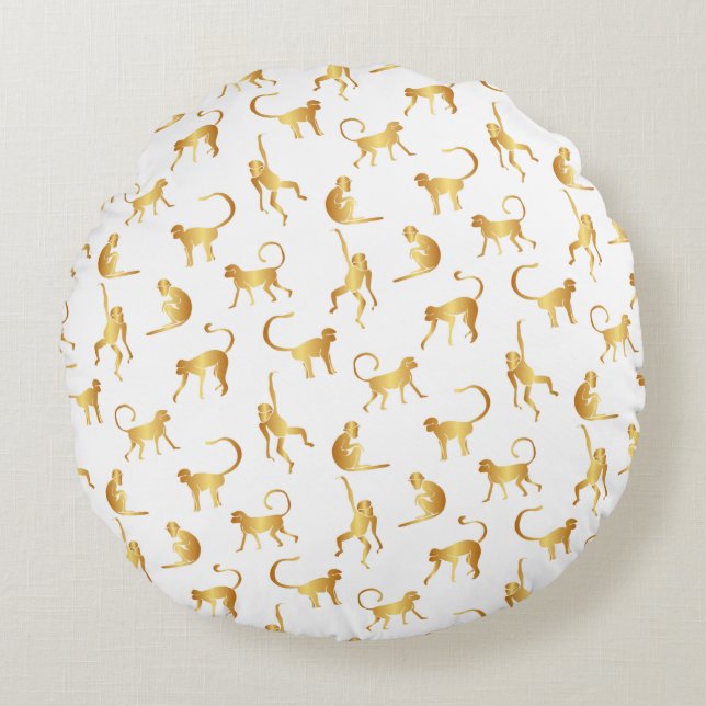 Gold Wild Monkey Tropical Oerwoud Rond Kussen (Voorkant)