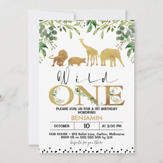 Gold Wild One Safari Animals - uitnodiging op zate (Voorkant)