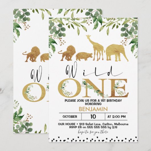 Gold Wild One Safari Animals - uitnodiging op zate (Voorkant / Achterkant)