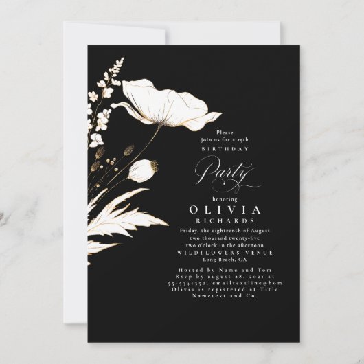 Gold Wildbloemen Black and White Birthday Party Kaart (Voorkant)