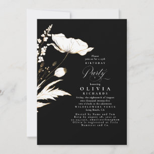 Gold Wildbloemen Black and White Birthday Party Kaart