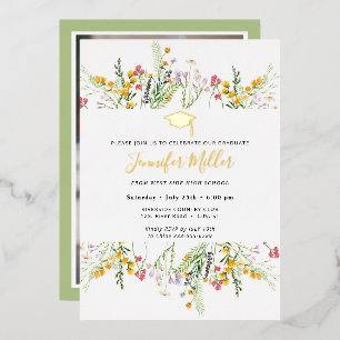 Gold Wildflower Afstuderen foto op achterzijde Folie Uitnodiging