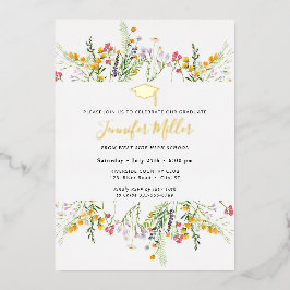 Gold Wildflower Afstuderen foto op achterzijde Folie Uitnodiging